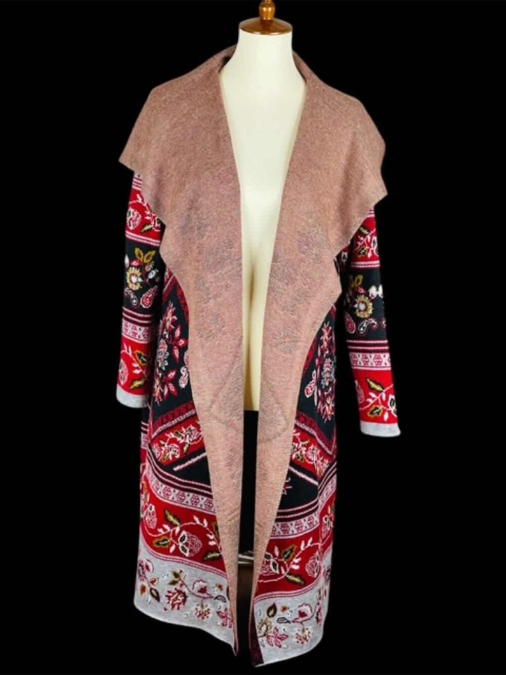 Maxsport Floral Shawl Collar Duster Cardigan Sz L Black White Red Dark Academia